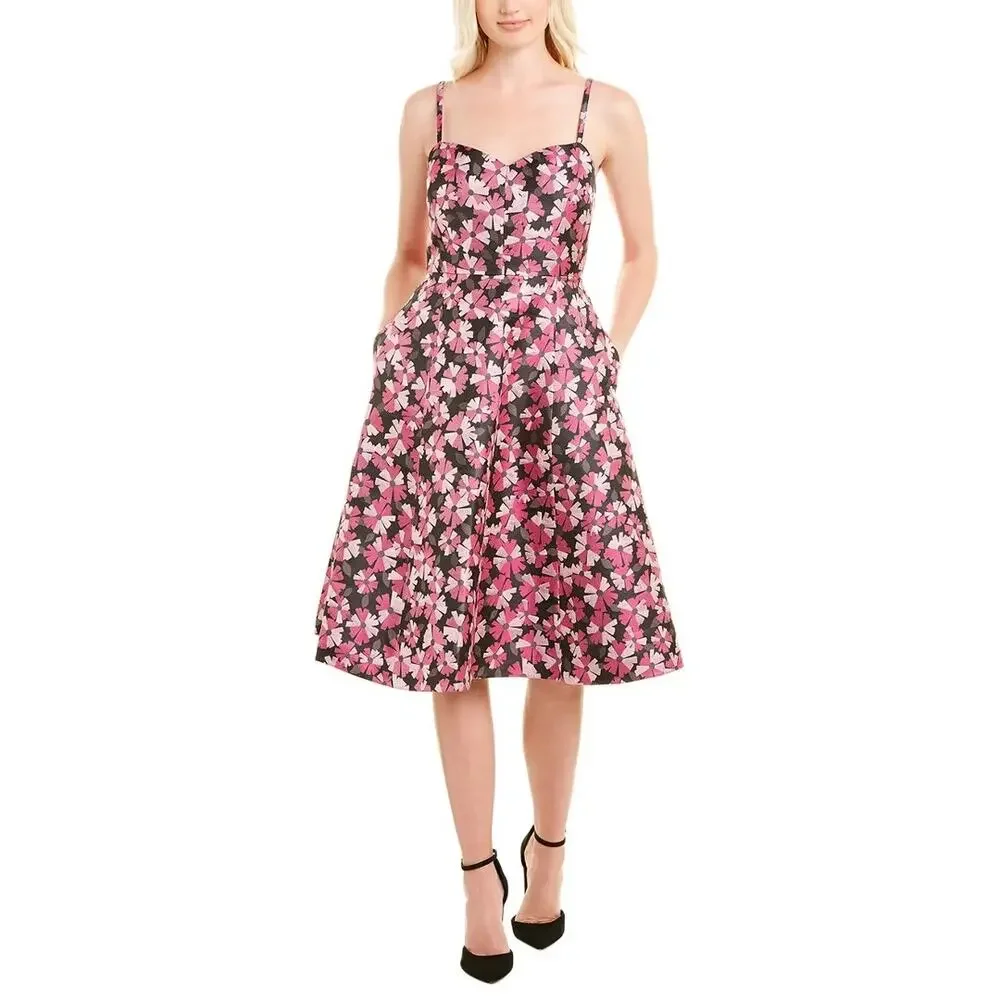 Kate Spade Black + Pink Wallflower Flower Jacquard Metallic Midi Dress - Size 2